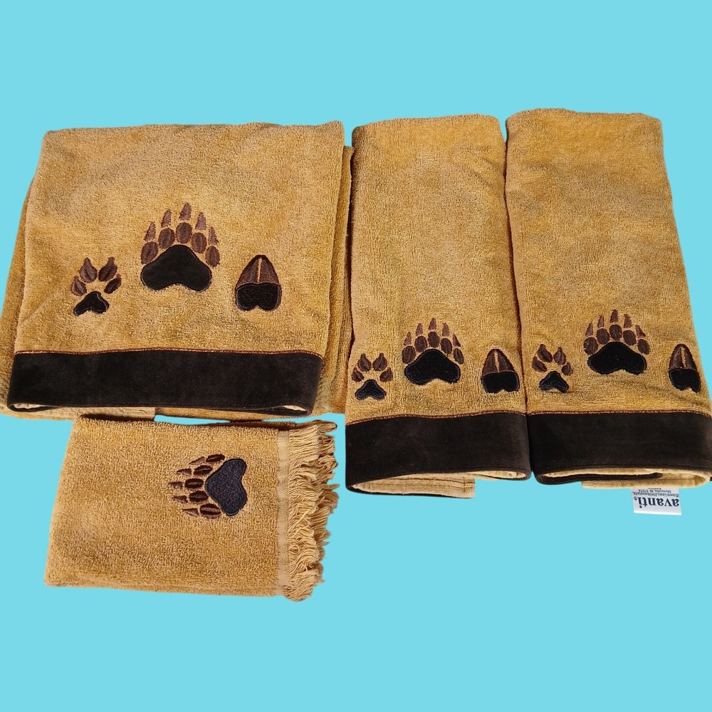 Avanti Towel Set Rustic Lodge Bear Tracks Tan 100% Cotton